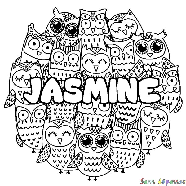 Coloriage pr&eacute;nom JASMINE - d&eacute;cor Chouettes