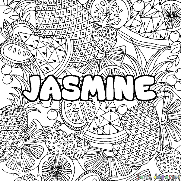 Coloriage pr&eacute;nom JASMINE - d&eacute;cor Mandala fruits