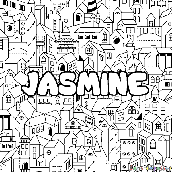 Coloriage pr&eacute;nom JASMINE - d&eacute;cor Ville