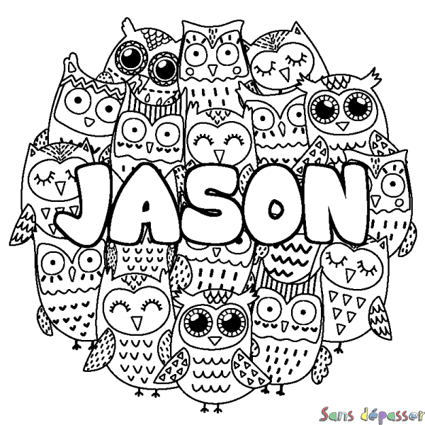 Coloriage pr&eacute;nom JASON - d&eacute;cor Chouettes