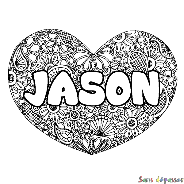 Coloriage pr&eacute;nom JASON - d&eacute;cor Mandala coeur