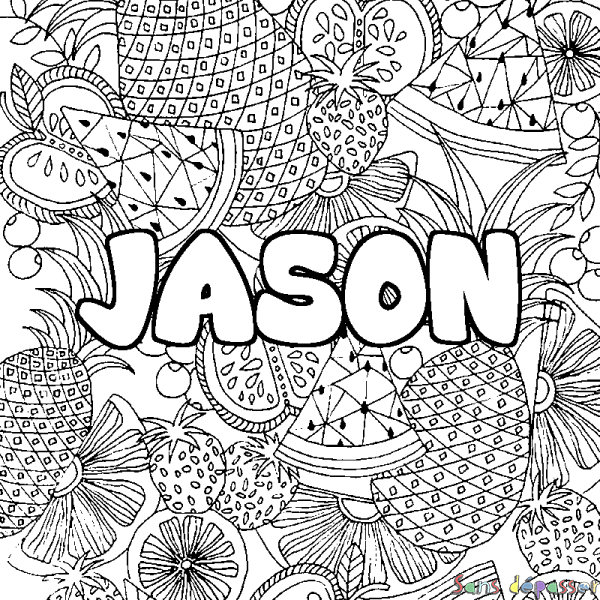 Coloriage pr&eacute;nom JASON - d&eacute;cor Mandala fruits