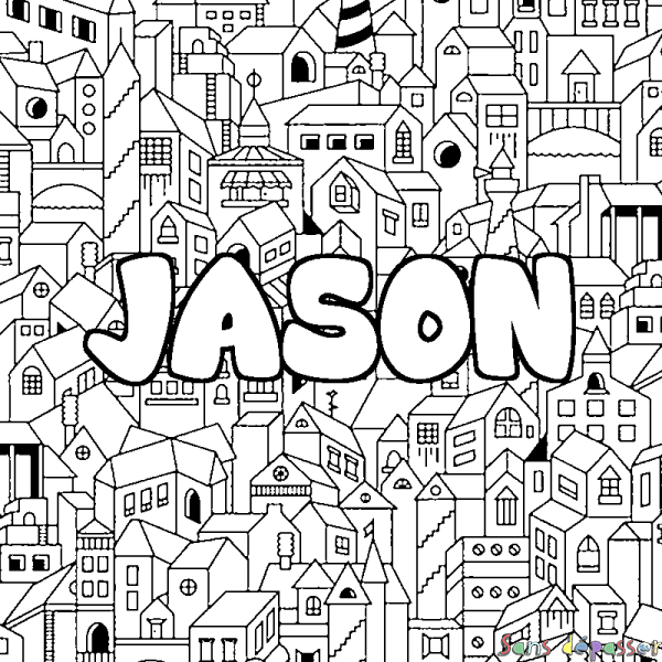 Coloriage pr&eacute;nom JASON - d&eacute;cor Ville