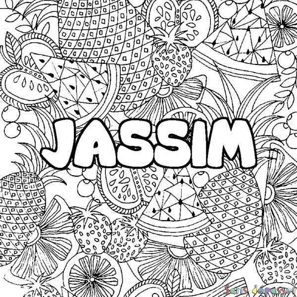 Coloriage prénom JASSIM - d&eacute;cor Mandala fruits