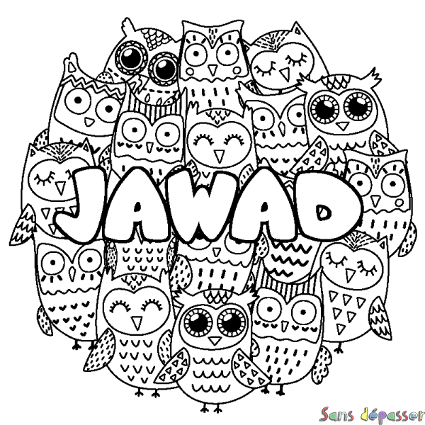 Coloriage prénom JAWAD - d&eacute;cor Chouettes