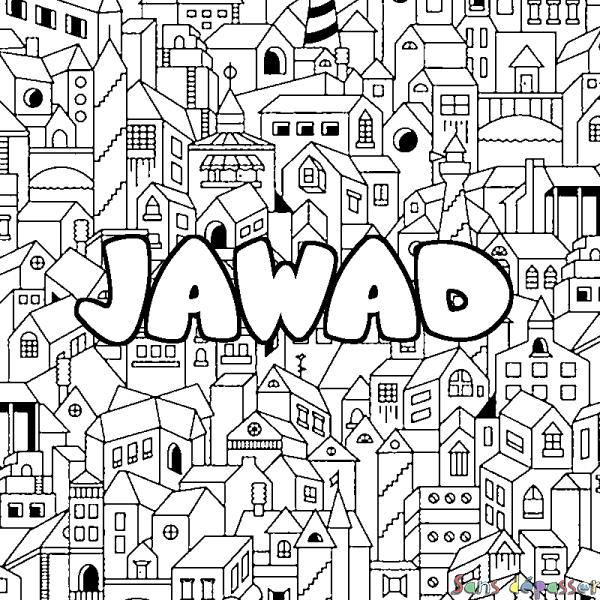 Coloriage pr&eacute;nom JAWAD - d&eacute;cor Ville