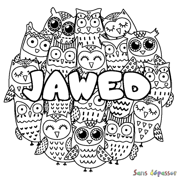Coloriage pr&eacute;nom JAWED - d&eacute;cor Chouettes