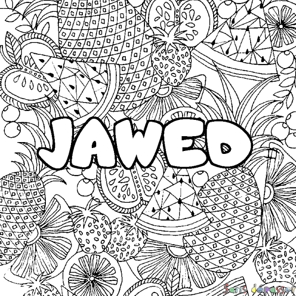 Coloriage pr&eacute;nom JAWED - d&eacute;cor Mandala fruits