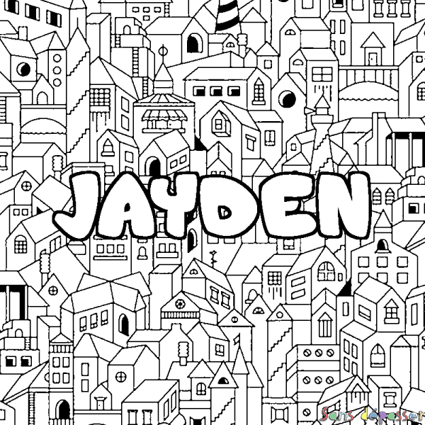 Coloriage pr&eacute;nom JAYDEN - d&eacute;cor Ville