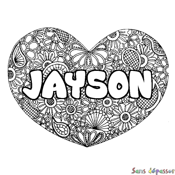 Coloriage pr&eacute;nom JAYSON - d&eacute;cor Mandala coeur