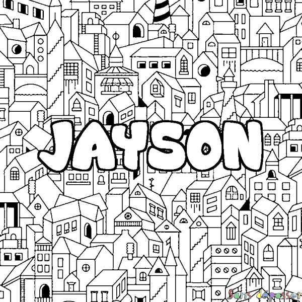 Coloriage pr&eacute;nom JAYSON - d&eacute;cor Ville