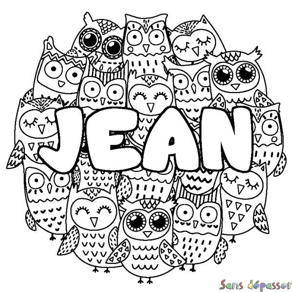Coloriage pr&eacute;nom JEAN - d&eacute;cor Chouettes
