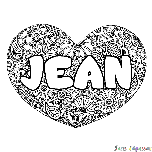 Coloriage pr&eacute;nom JEAN - d&eacute;cor Mandala coeur