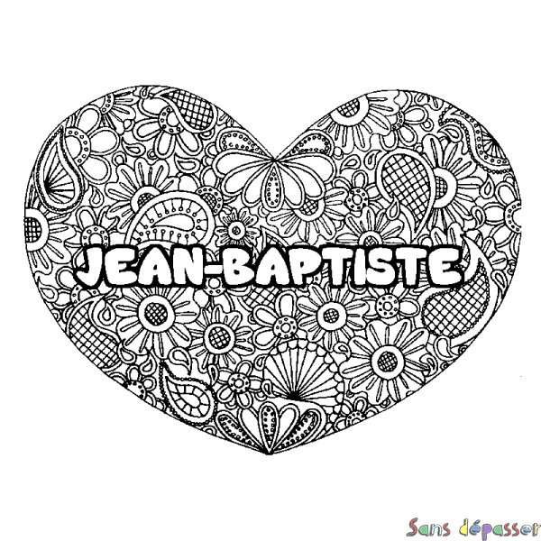 Coloriage pr&eacute;nom JEAN-BAPTISTE - d&eacute;cor Mandala coeur