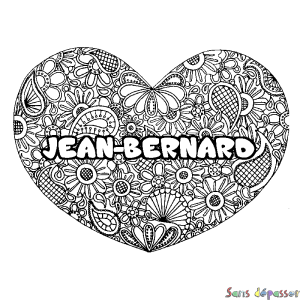 Coloriage prénom JEAN-BERNARD - d&eacute;cor Mandala coeur