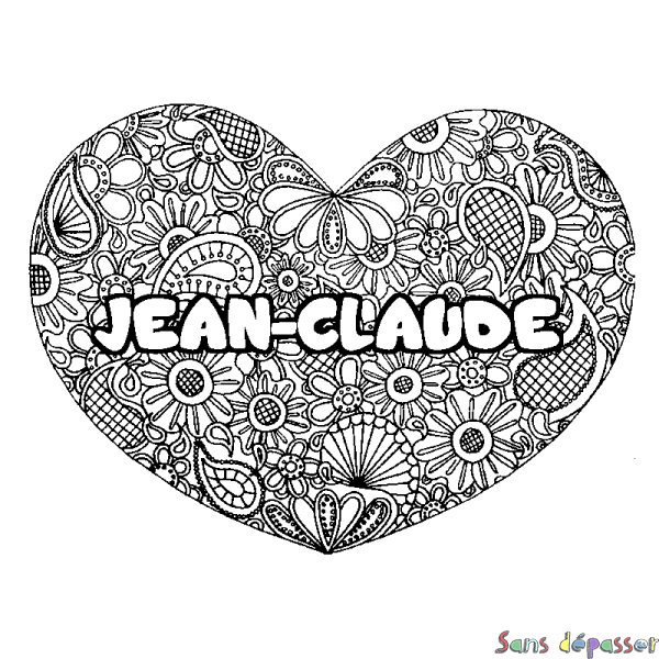 Coloriage pr&eacute;nom JEAN-CLAUDE - d&eacute;cor Mandala coeur