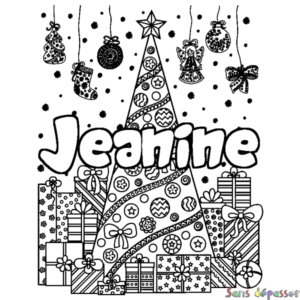 Coloriage prénom Jeanine - d&eacute;cor Sapin et Cadeaux