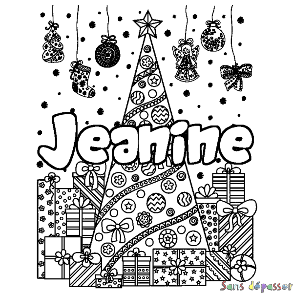 Coloriage pr&eacute;nom Jeanine - d&eacute;cor Sapin et Cadeaux
