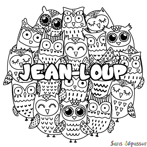 Coloriage pr&eacute;nom JEAN-LOUP - d&eacute;cor Chouettes