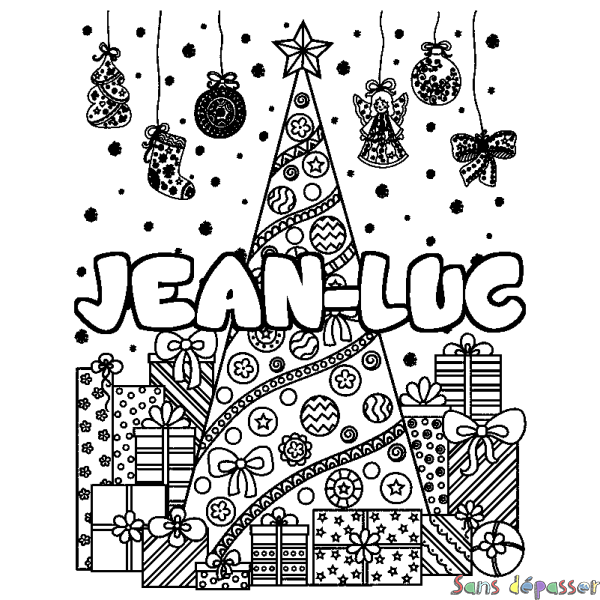 Coloriage pr&eacute;nom JEAN-LUC - d&eacute;cor Sapin et Cadeaux