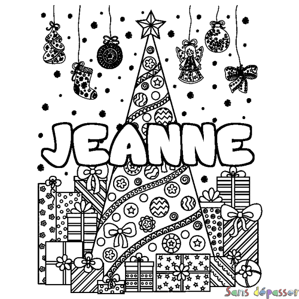 Coloriage pr&eacute;nom JEANNE - d&eacute;cor Sapin et Cadeaux
