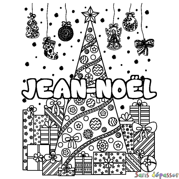 Coloriage pr&eacute;nom JEAN-NO&Euml;L - d&eacute;cor Sapin et Cadeaux