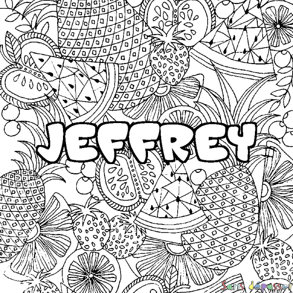 Coloriage pr&eacute;nom JEFFREY - d&eacute;cor Mandala fruits