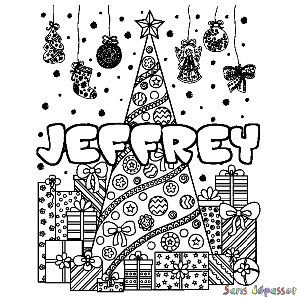 Coloriage pr&eacute;nom JEFFREY - d&eacute;cor Sapin et Cadeaux