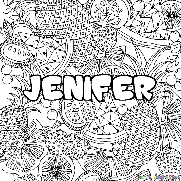 Coloriage prénom JENIFER - d&eacute;cor Mandala fruits