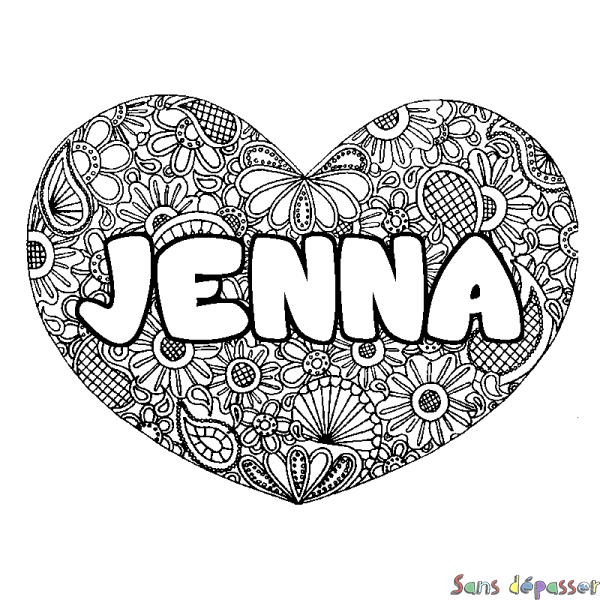 Coloriage pr&eacute;nom JENNA - d&eacute;cor Mandala coeur