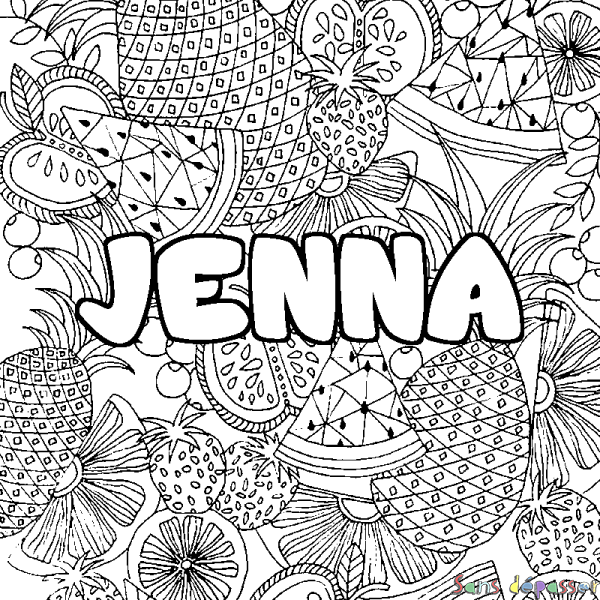 Coloriage pr&eacute;nom JENNA - d&eacute;cor Mandala fruits