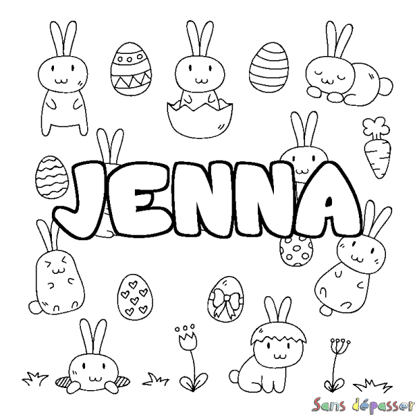 Coloriage pr&eacute;nom JENNA - d&eacute;cor Paques