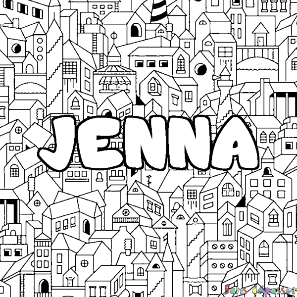 Coloriage pr&eacute;nom JENNA - d&eacute;cor Ville