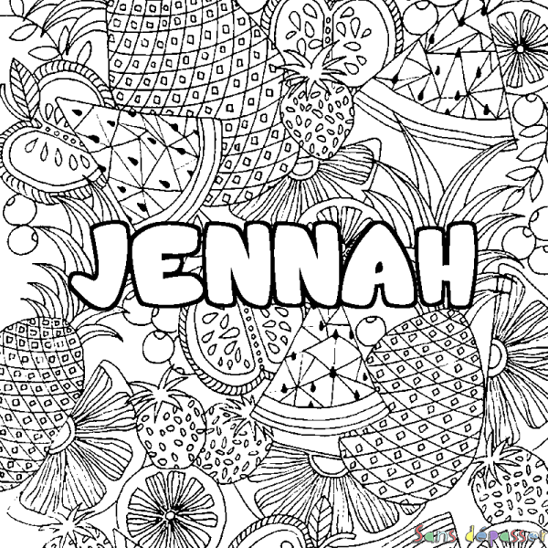 Coloriage pr&eacute;nom JENNAH - d&eacute;cor Mandala fruits