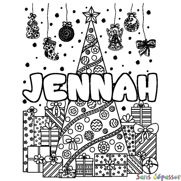 Coloriage prénom JENNAH - d&eacute;cor Sapin et Cadeaux