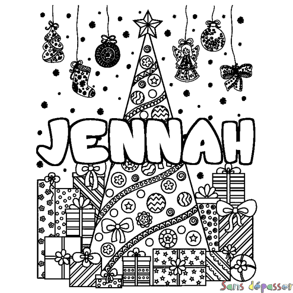 Coloriage pr&eacute;nom JENNAH - d&eacute;cor Sapin et Cadeaux