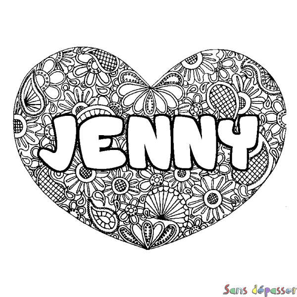 Coloriage pr&eacute;nom JENNY - d&eacute;cor Mandala coeur