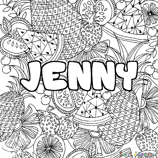 Coloriage pr&eacute;nom JENNY - d&eacute;cor Mandala fruits
