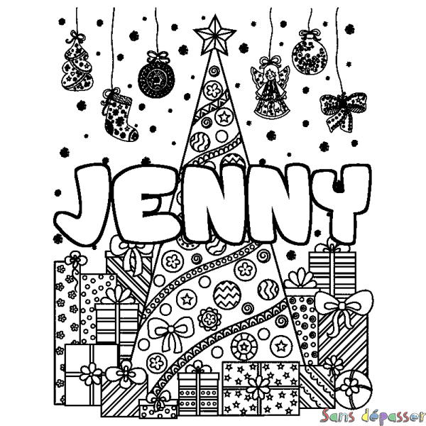 Coloriage prénom JENNY - d&eacute;cor Sapin et Cadeaux