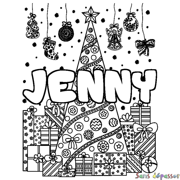 Coloriage pr&eacute;nom JENNY - d&eacute;cor Sapin et Cadeaux