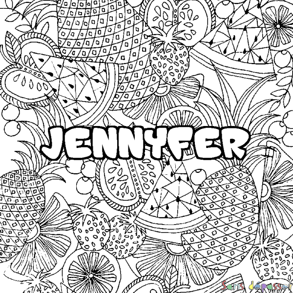 Coloriage pr&eacute;nom JENNYFER - d&eacute;cor Mandala fruits
