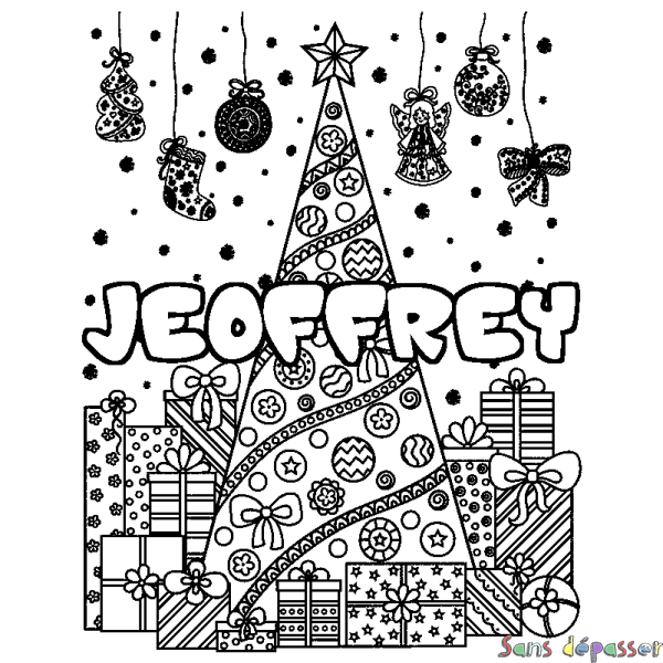 Coloriage prénom JEOFFREY - d&eacute;cor Sapin et Cadeaux