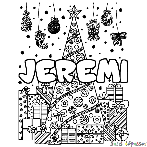 Coloriage prénom JEREMI - d&eacute;cor Sapin et Cadeaux