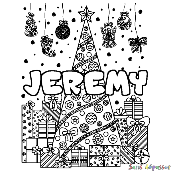 Coloriage prénom JEREMY - d&eacute;cor Sapin et Cadeaux