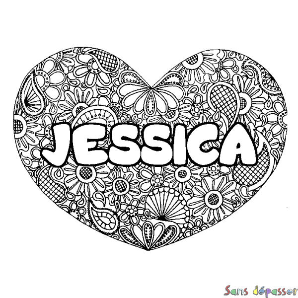 Coloriage prénom JESSICA - d&eacute;cor Mandala coeur