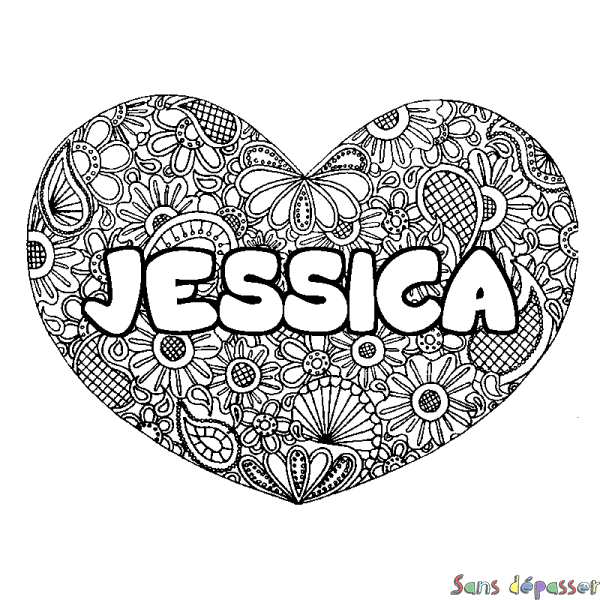 Coloriage pr&eacute;nom JESSICA - d&eacute;cor Mandala coeur