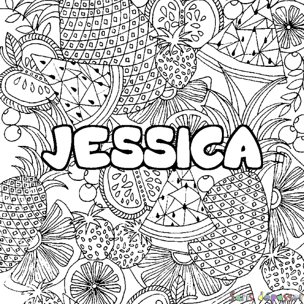 Coloriage prénom JESSICA - d&eacute;cor Mandala fruits