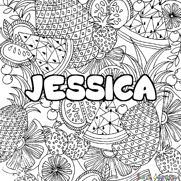 Coloriage pr&eacute;nom JESSICA - d&eacute;cor Mandala fruits