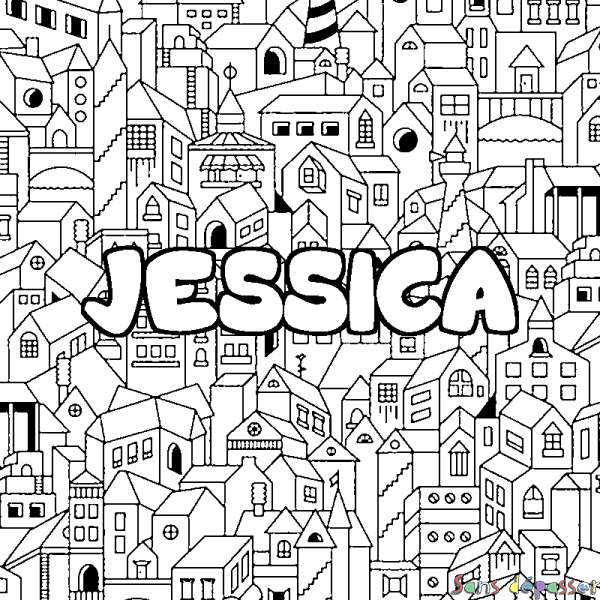 Coloriage pr&eacute;nom JESSICA - d&eacute;cor Ville