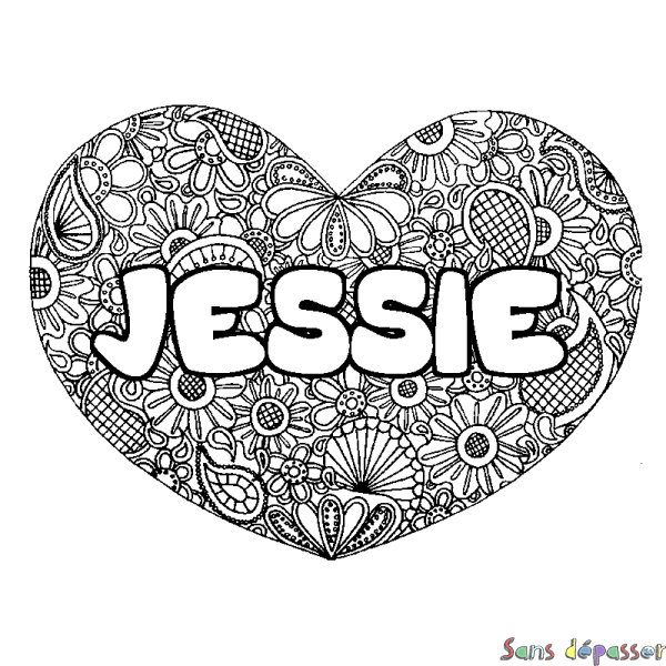Coloriage pr&eacute;nom JESSIE - d&eacute;cor Mandala coeur